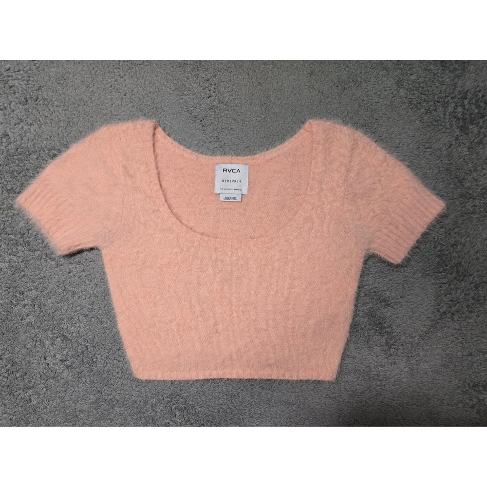 RVCA Crop Top Peach Fuzzy Knit Short Sleeve Crew Neck Pullover Sweater S
